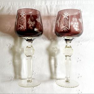 Two AJKA MARSALA Amethyst Cut to Clear Crystal Wine Goblet Glasses